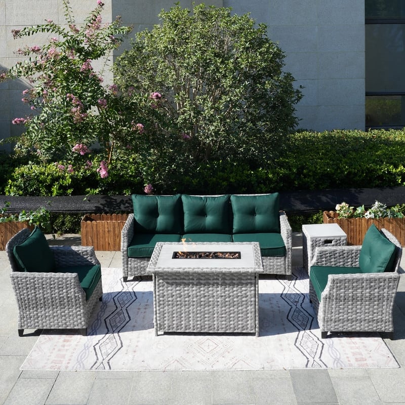 5-Piece Patio Wicker Sofa Set with Firepit Table and Rain cover - Green