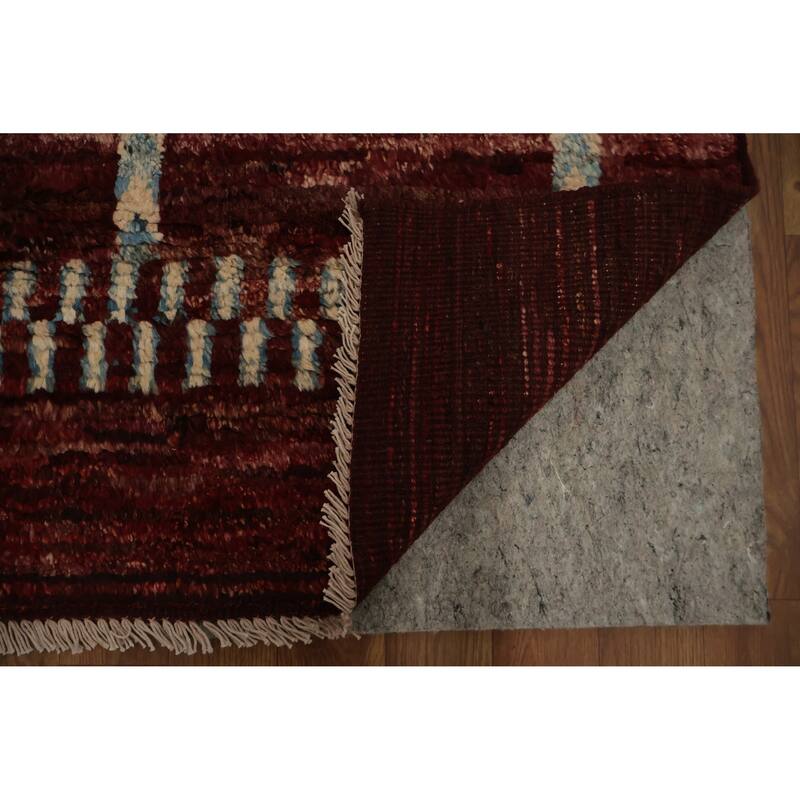 Hand Knotted Oriental 100% Wool Carpet Modern Tribal Red Moroccan Area Rug - 9' 9'' X 6' 8''