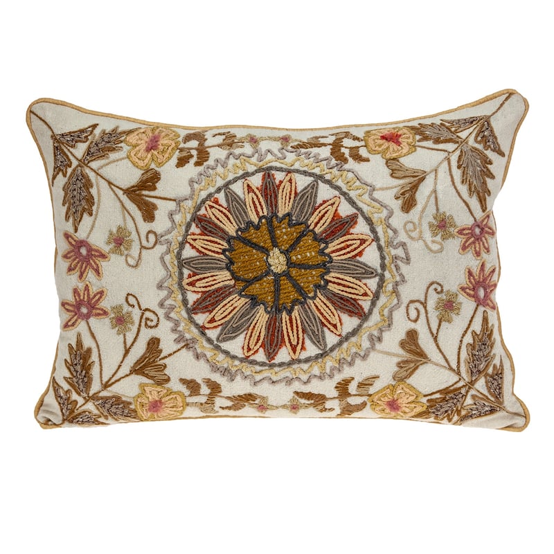 HomeRoots 14" X 20" Beige Zippered 100% Cotton Throw Pillow With Embroidery