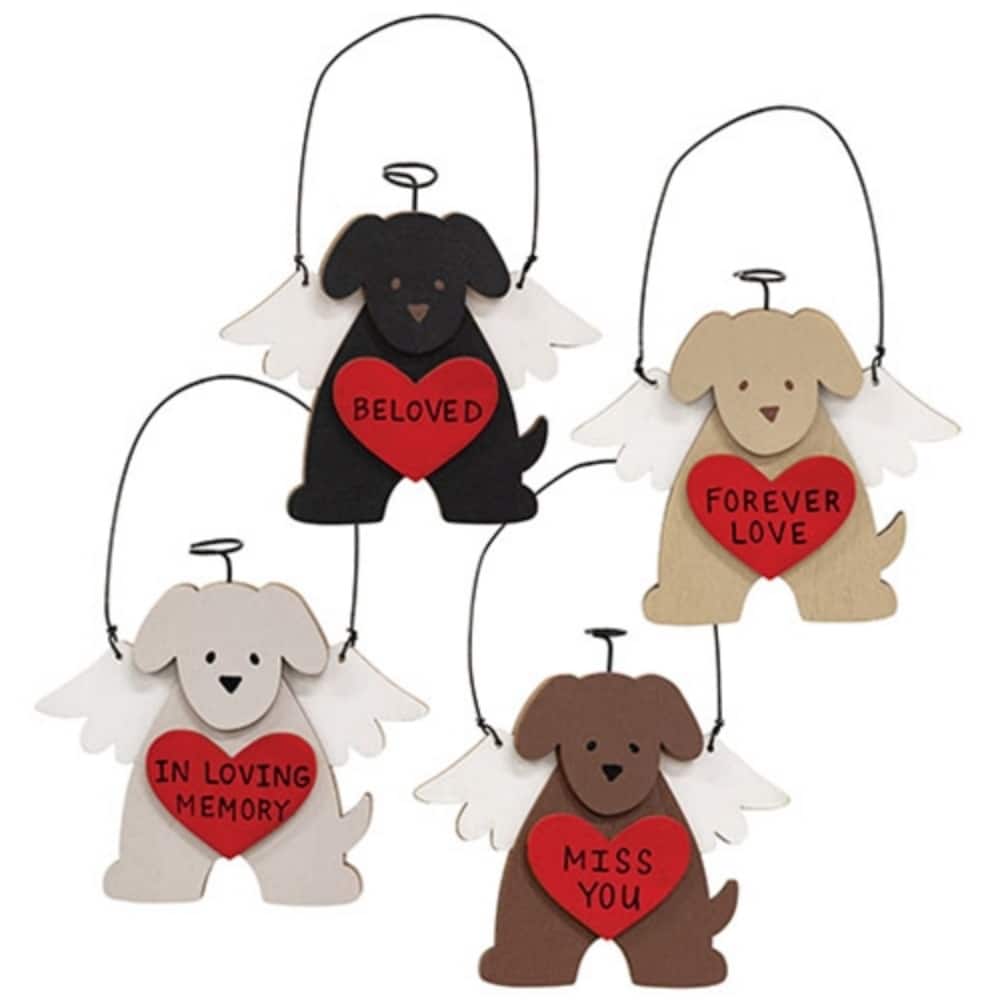 Angel Dog Wooden Ornaments with Wire Halo and Heart for Holiday Tree Decor 4 Asstd. - 3.75" H x 4" W x .25" D