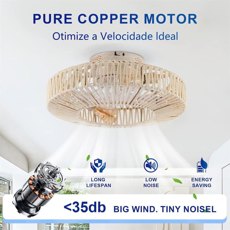 20" Rope Caged Ceiling Fans with Remote and Low Profile Chandelier 6 Speed, NOT Included Bulbs