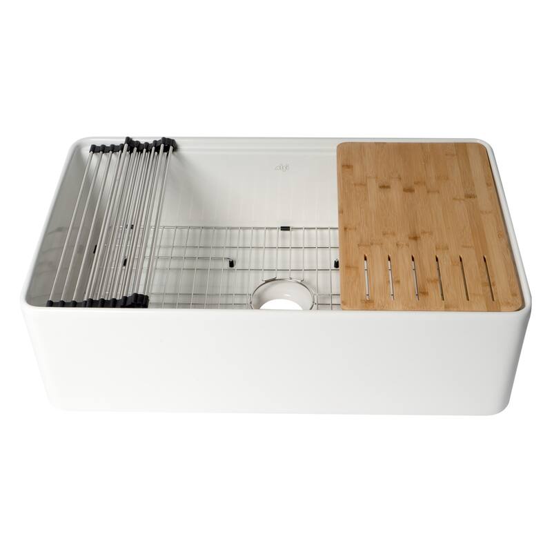 ALFI Brand White Smooth Apron Workstation 33" x 20" Single Bowl Step Rim Fireclay Farm Sink with Accessories