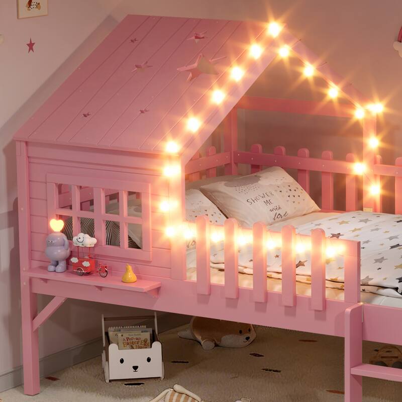 Full Size House Loft Bed with Slide,Playhouse Bed with Star Moon-shaped Designs and Window, Chic Design with LED Lights
