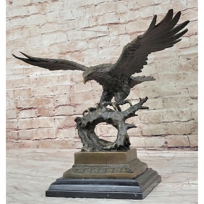 Bronze Eagle Hawk Falcon Osprey Garden Park Zoo Statue Marble Base Figure Decor
