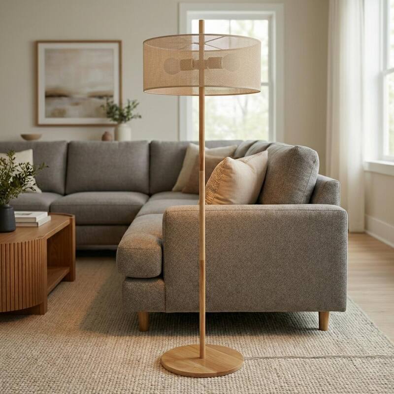 Layla Natural Wood Floor Lamp with Linen Drum Shade
