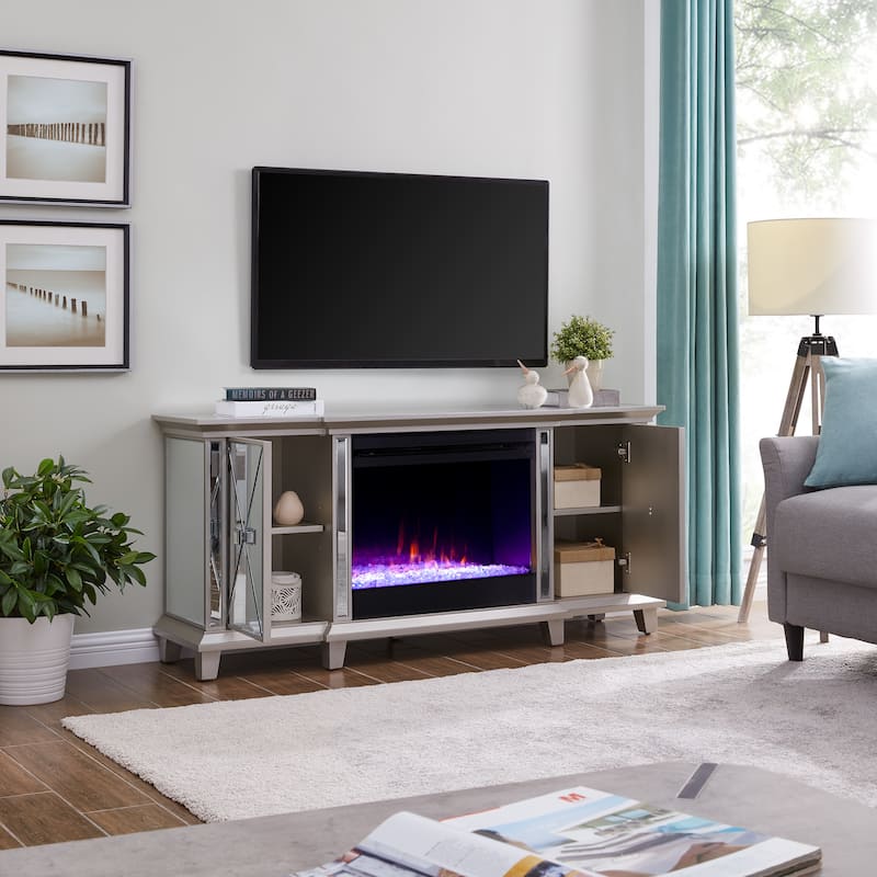 SEI Furniture Mirrored Media TV Stand with Color Changing Fireplace Insert for TV's up to 62"