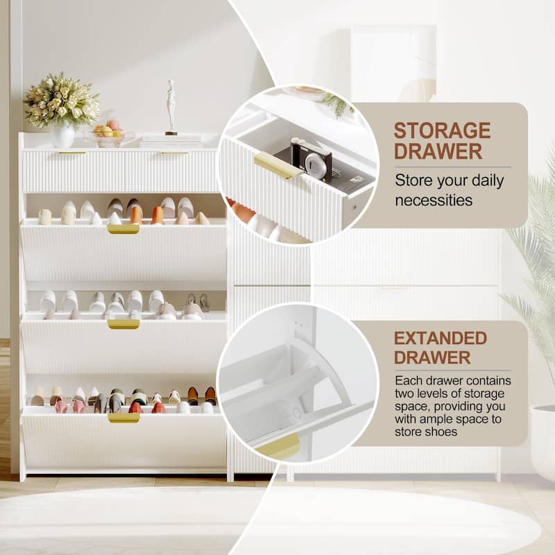 Slim Shoe Cabinet with 3 Flip Drawers & 2 Top Drawers