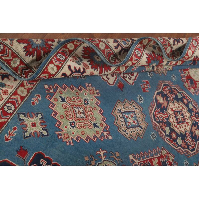 Light Blue Kazak Oriental Area Rug Hand-Knotted Geometric Wool Carpet - 8'4"x 11'2"