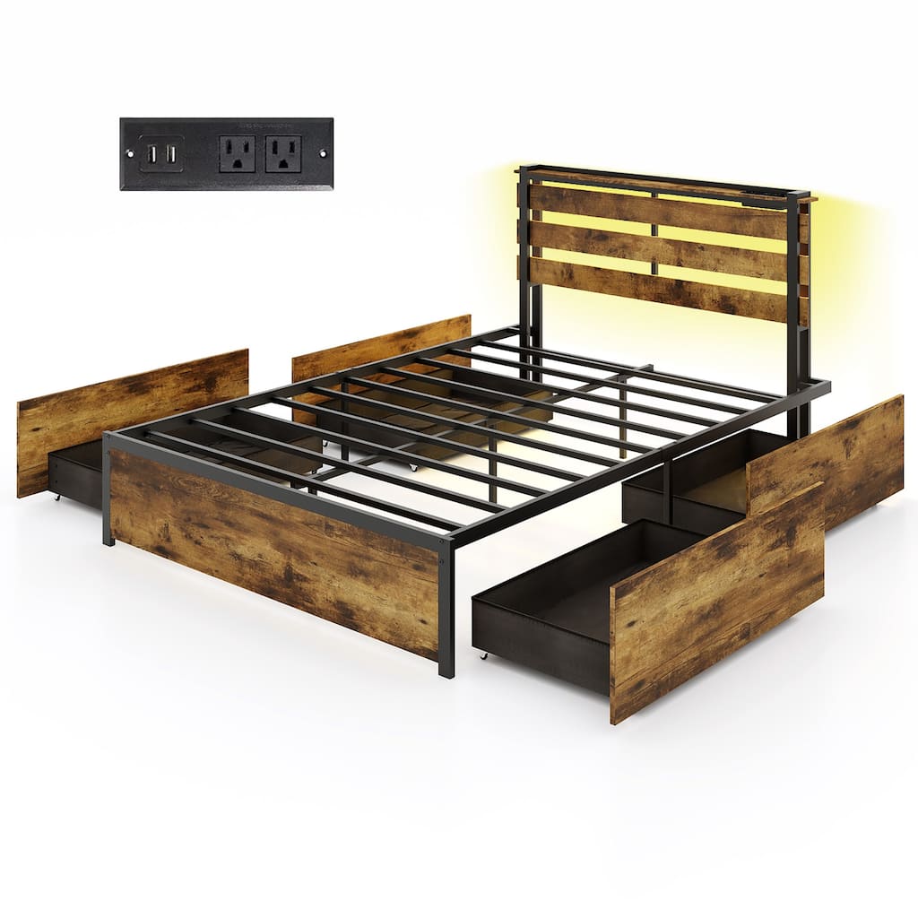 Gymax Full Size Bed Frame w/ Drawers LED Lights Outlets & USB Ports