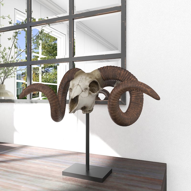 Brown Polystone Skull Ram Decorative Sculpture