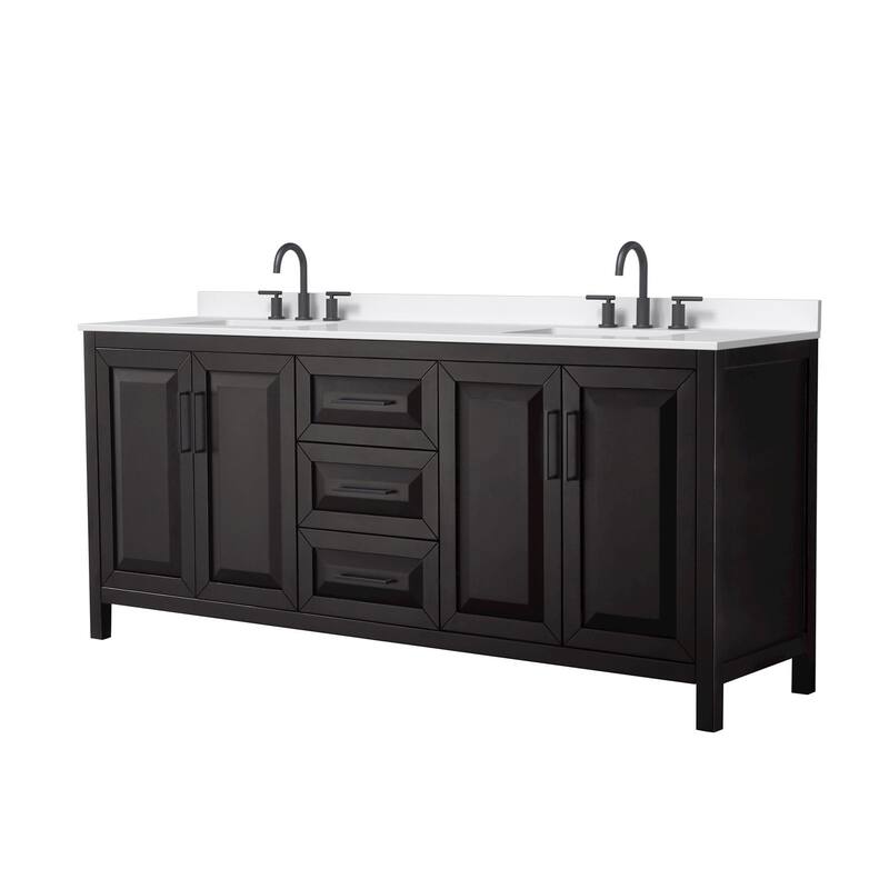 Daria 80-inch Double Vanity, 3 Hole Quartz Top - Dark Espresso, Black Trim, White Quartz Top