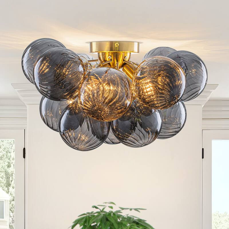 Starsky 3-Light 18in. Contemporary Glass Bubble Semi Flush Mount - Smoky Gray