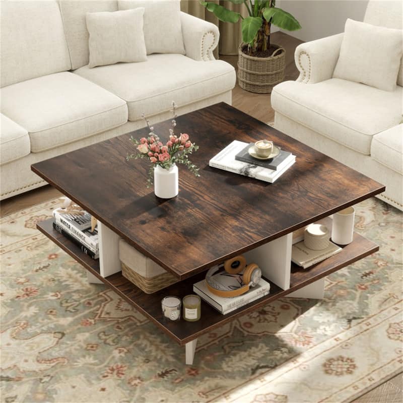 2-Tier 24” Square Wooden Living Room Coffee Table with 4 Storage Compartments and Cross Base - 24" x 24" x 13"