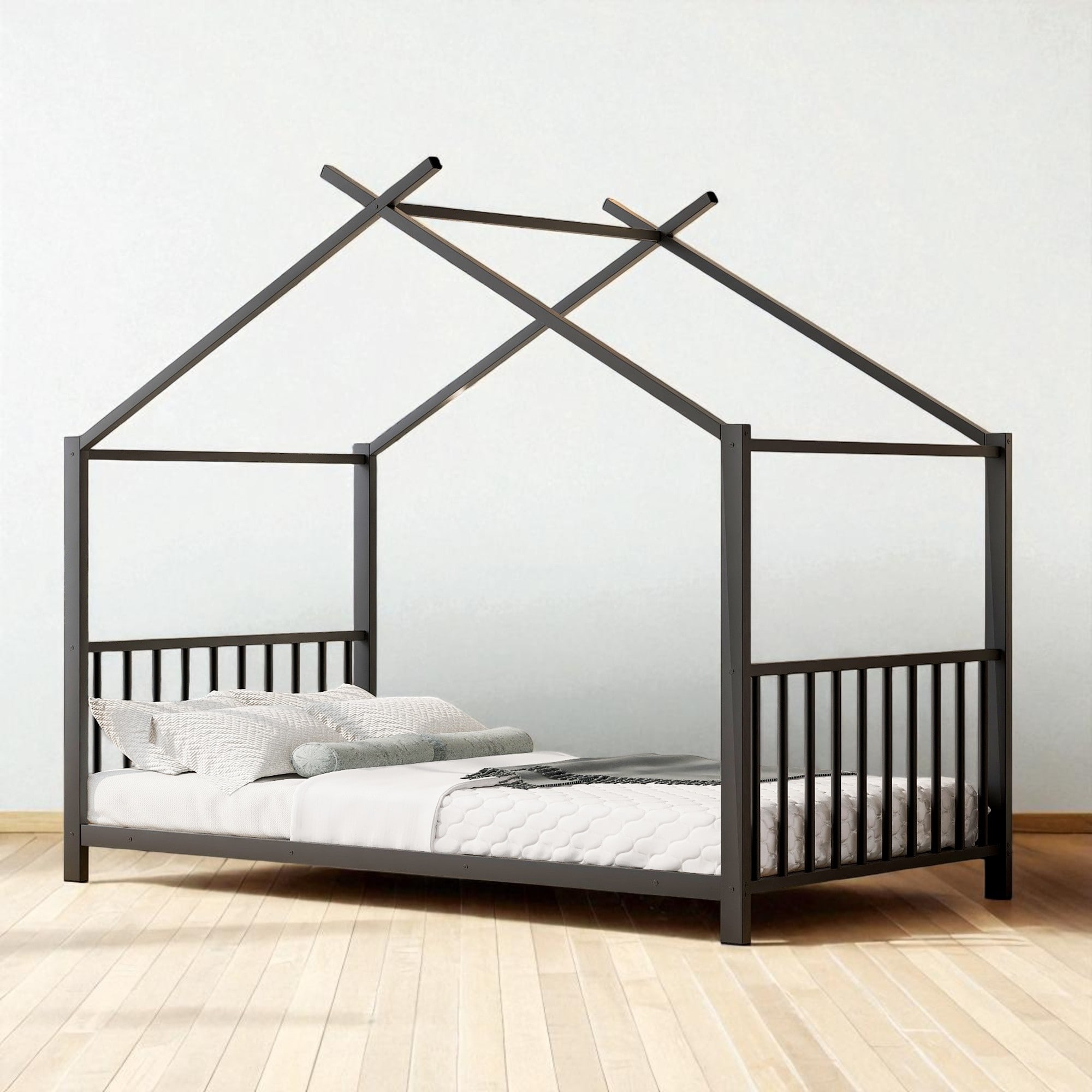 Twin Size Metal House Platform Bed Frame with Slat Support, Roof Design Headboard and Sturdy Steel Construction