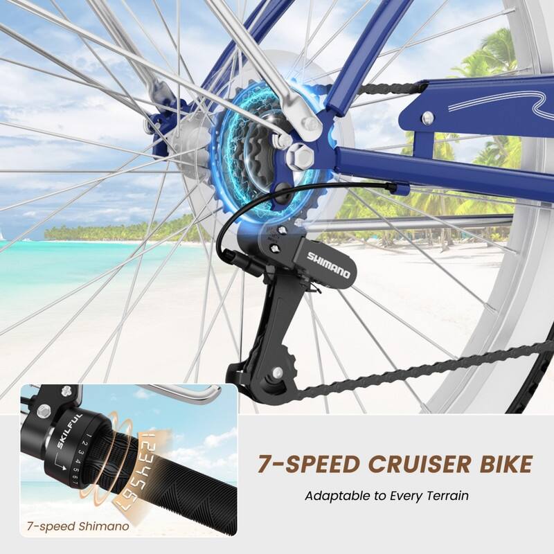 Beach Cruiser Bike for Women and Men, 24/26 Inch 7-Speed Adult Bicycle