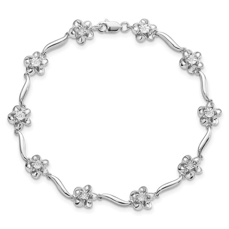 Curata 8mm 925 Sterling Silver Rhodium Plated Floral Diamond Bracelet