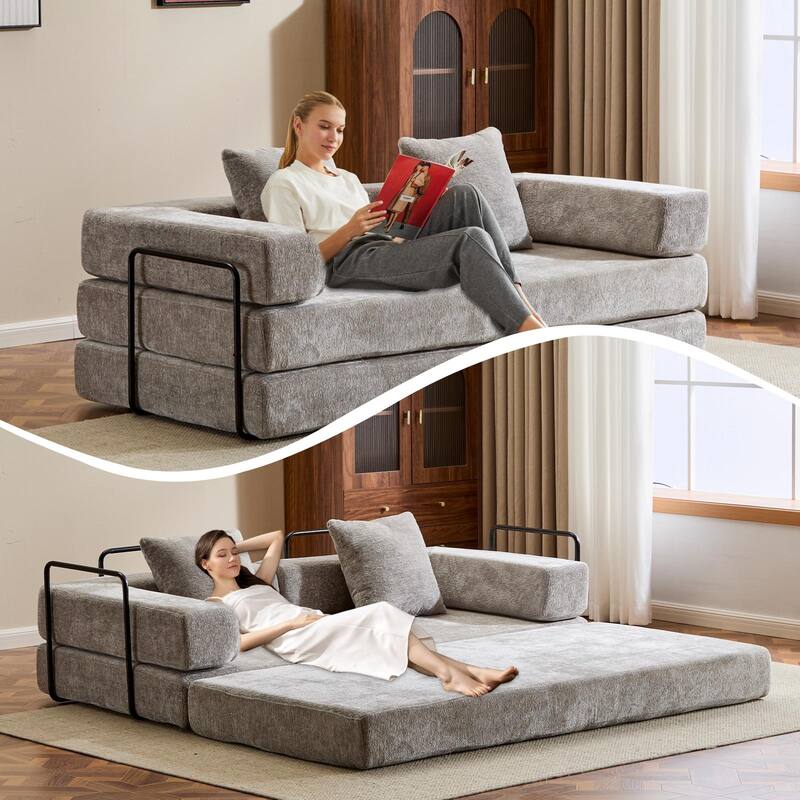 Chenille Floor Sleeper Sofa Bed Foldable Loveseat Couch Futon Sofa with Removable L-shaped Armrest and Movable Iron Frame