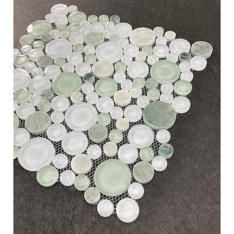 Green & White Pebble Round Glass And Marble Mosaic Tile - Case (10 Sheets)