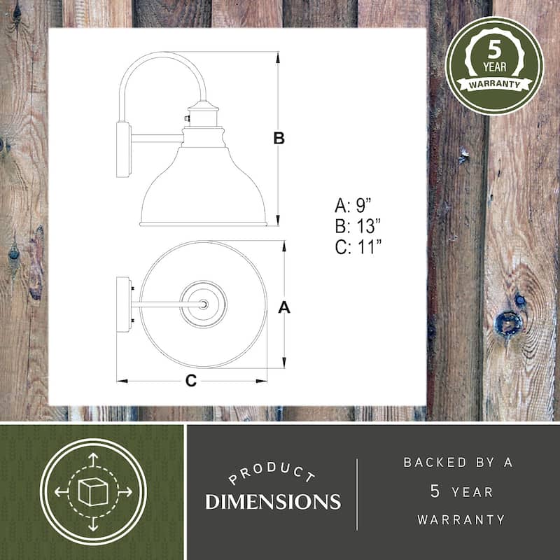 Delano 1 Light Dusk to Dawn Bronze Gold Farmhouse Barn Dome Outdoor Wall Lantern - 9-in W x 13-in H x 11-in D