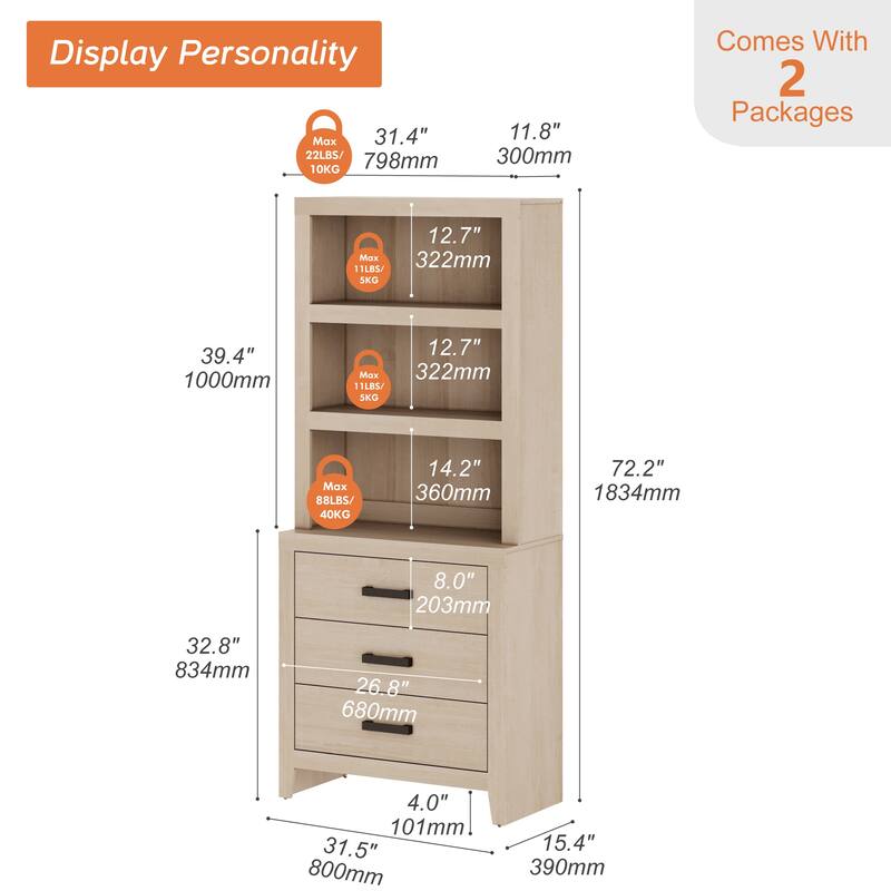 3-Tier Bookshelf with 3 Large Drawers, 74" Tall Farmhouse Bookcase with Wide Metal Handles, for Living Room, Office, Library