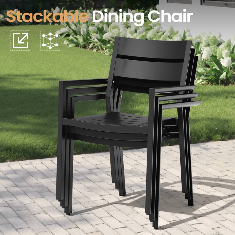 7-PC Outdoor Aluminum Dining Table Set with Stackable Armchairs Umbrella Hole