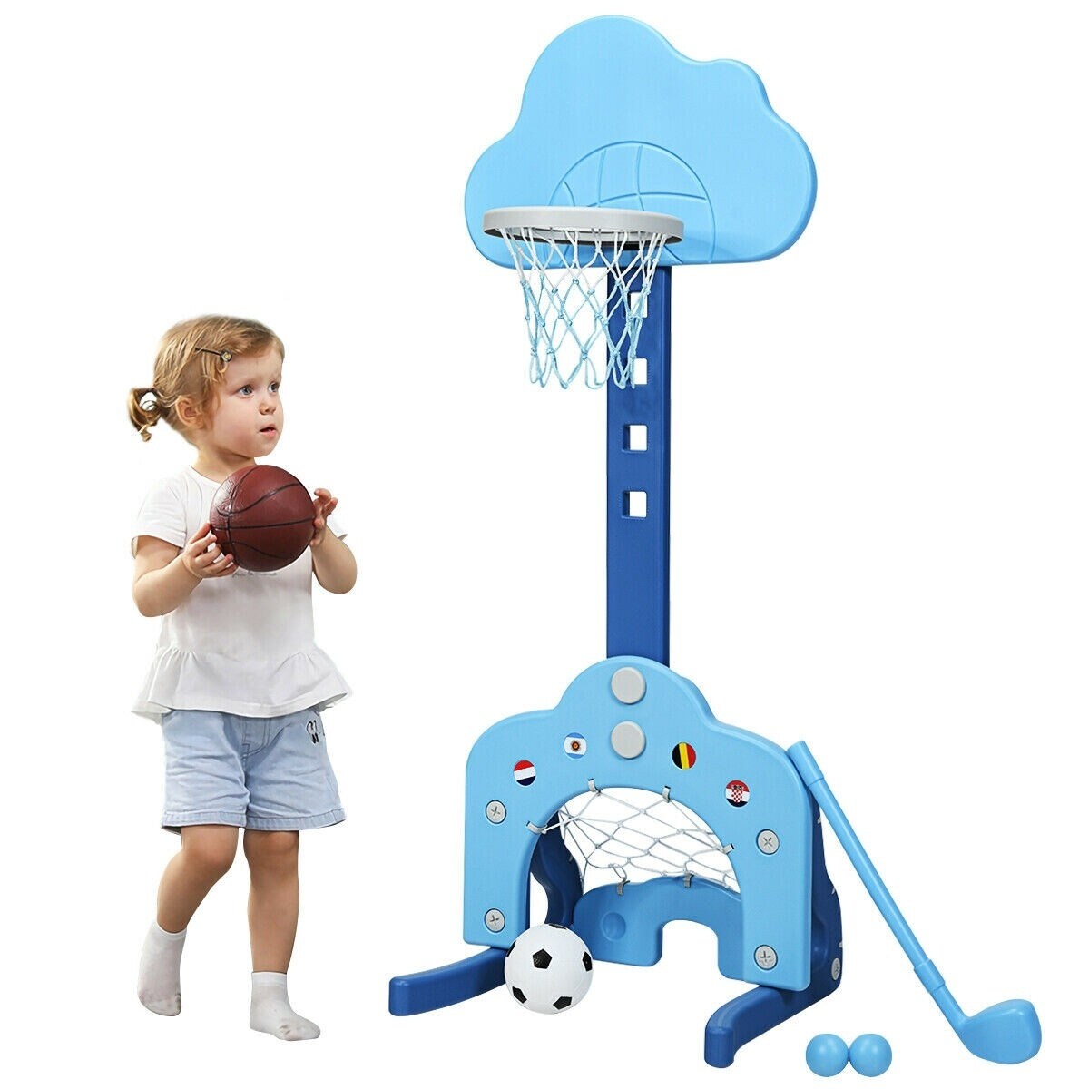 3 in 1 HIGH QUALITY CAR SHAPE KIDS BASKETBALL STAND HOCKEY AND FOOTBALL Blue 