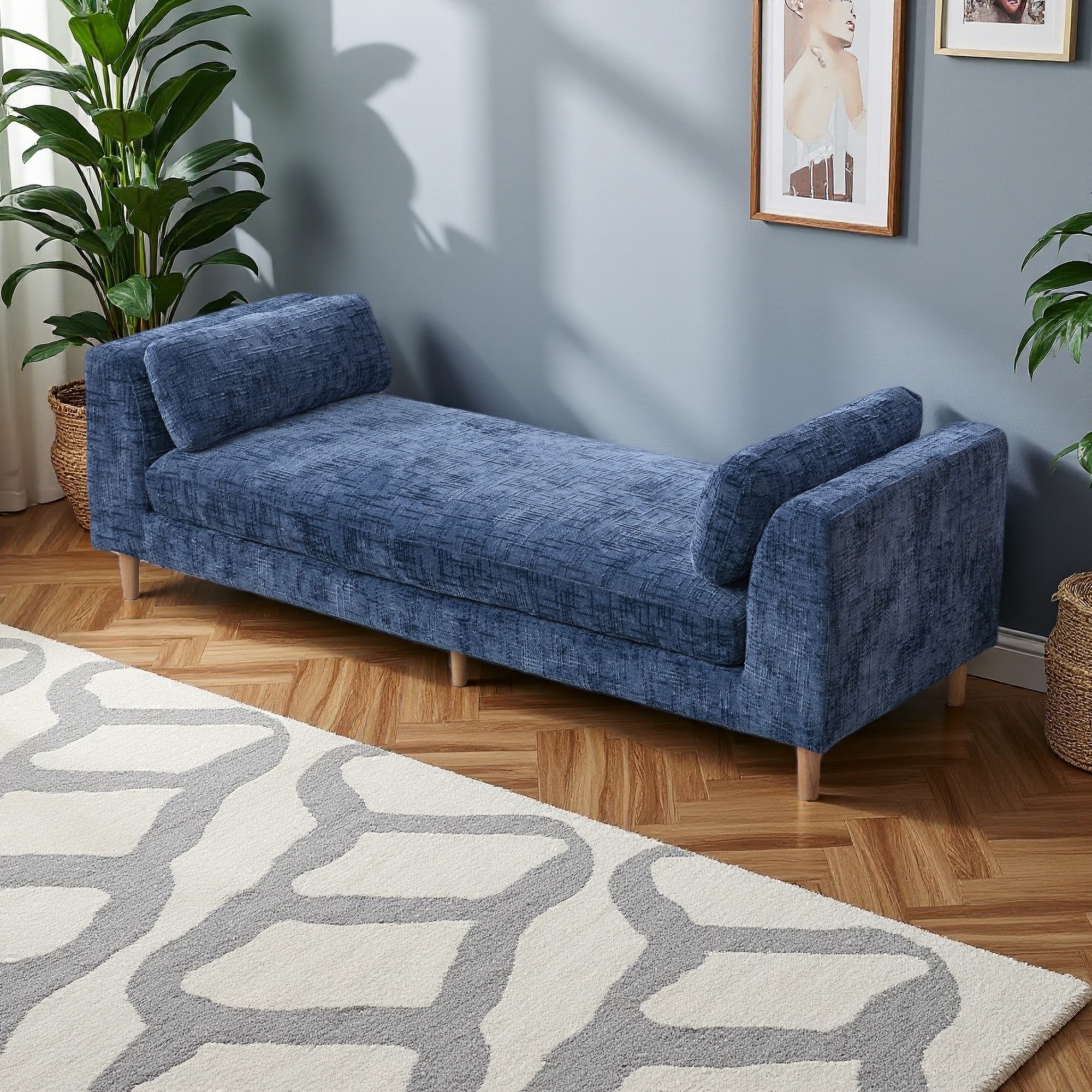 83"L Wide Chenille Upholstered Chaise Lounge with Armrests, 2 Bolster Pillows, Rubberwood Legs, End of Bed Bench for Living Room