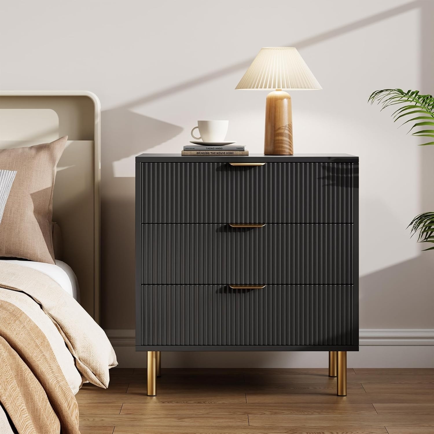 3-Drawer Modern Black Dresser, 30" Tall, Fluted Chest with Gold Handles, Anti-Tip Device, Bedroom, Living Room, Kids Room