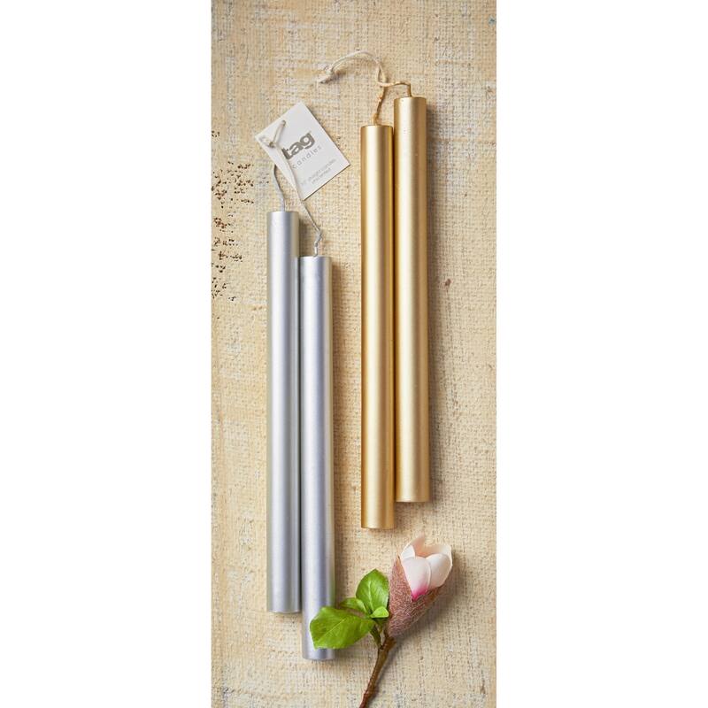 10" Set of 2 Straight Taper Metallic Silver Paraffin Wax Candles, Burn Time 10 Hours.