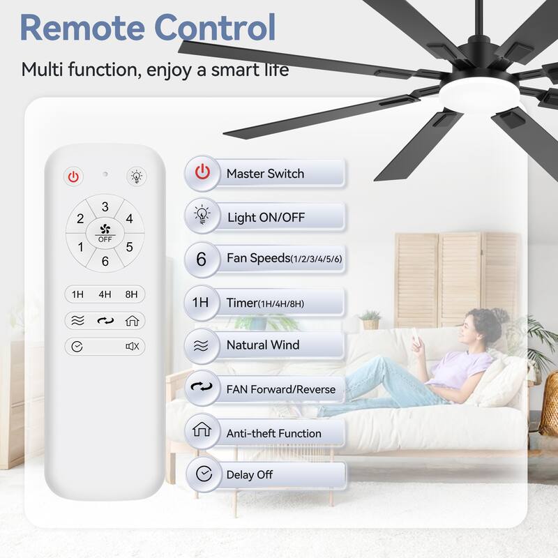 48"/52"/60"/72" Modern Black LED Ceiling Fan with Light Remote (5/6/8 Reversible Blades)