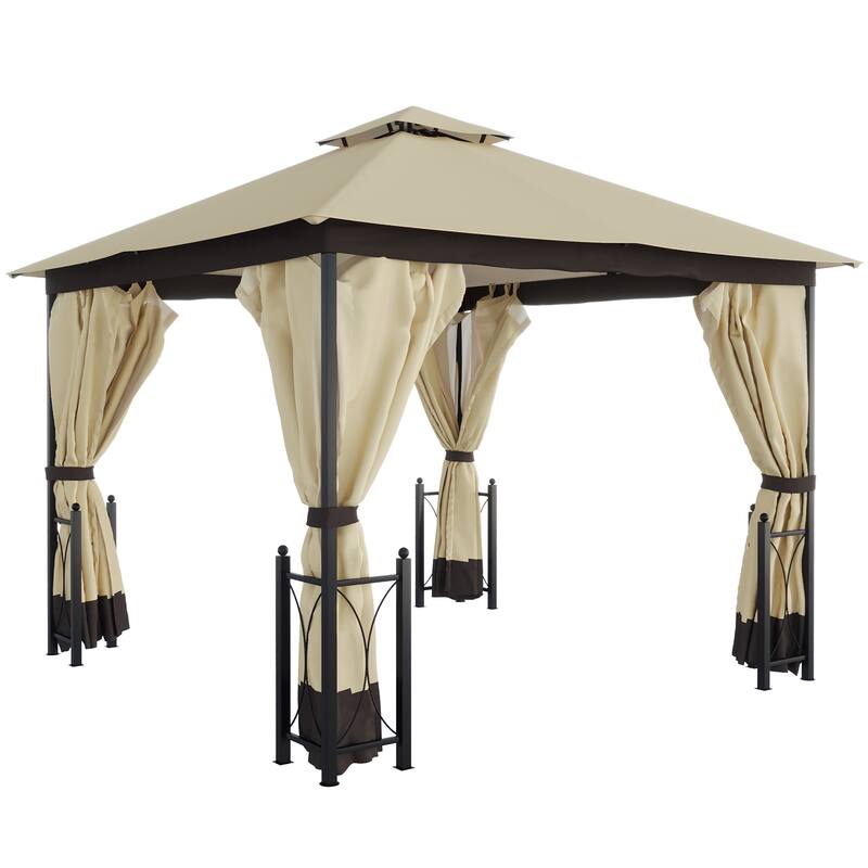 Outsunny 13' x 11' Patio Gazebo Canopy Garden Tent Sun Shade, Outdoor Shelter with 2 Tier Roof, Netting and Curtains