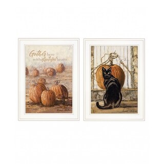 Set Of Two Pumpkins With A Black Cat 1 White Framed Print Wall Art