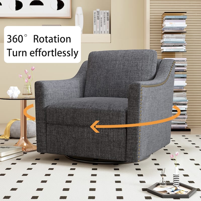 Swivel Barrel Chair, Linen Upholstered Accent Armchair with Ergonomic Design & Brass Nailhead Trim for Living Room, Bedroom
