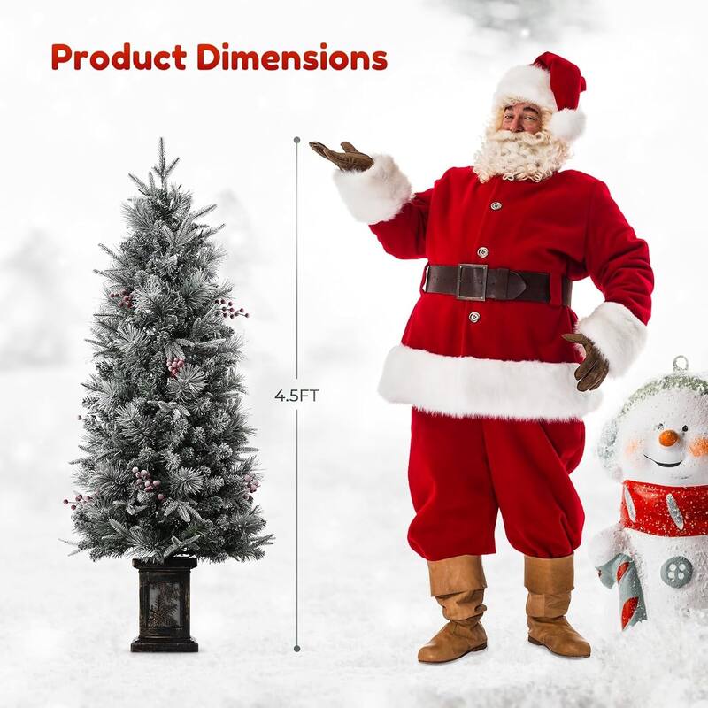 4.5 Ft Artificial Christmas Tree with 200 Warm White LED Lights and Red Berries Potted Base Holiday Xmas Tree