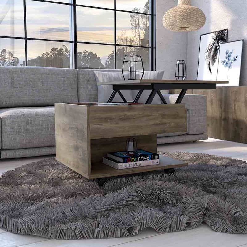 Lift Top Coffee Table for Living Room, Casters, Dark Brown Finish - Brown