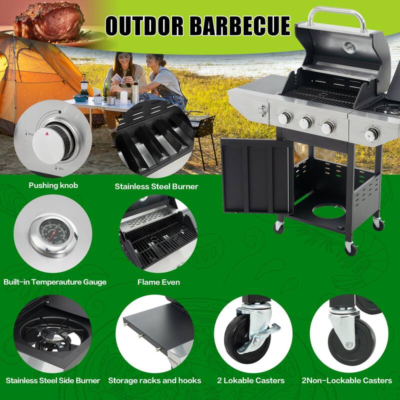 Propane Grill, 3 Burner Barbecue Grill with Side Burner and Electronic Ignition, Stainless Steel BBQ Grill with Wheels