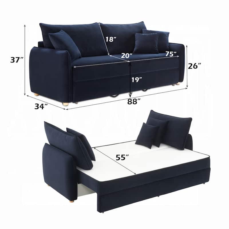 Leif Sleeper Sofa, Full Fold Out Bed, 3 Pillows, Blue Velvet 88 Inch