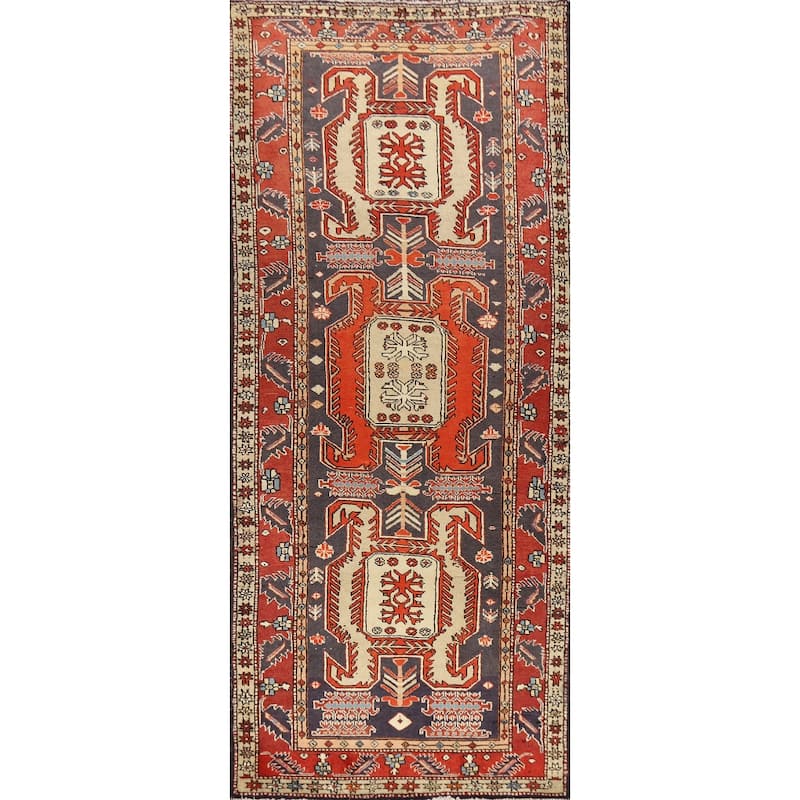 Hand Knotted Oriental 100% Wool Carpet Traditional Geometric Navy Blue & Blues Meshkin Runner Rug - 10' 6'' X 3' 10''