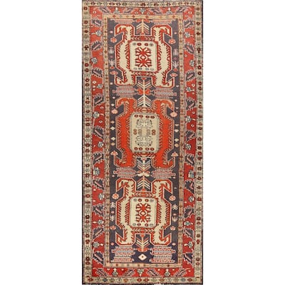 Hand Knotted Oriental 100% Wool Carpet Traditional Geometric Navy Blue & Blues Meshkin Runner Rug - 10' 6'' X 3' 10''