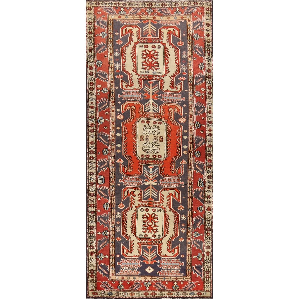 Hand Knotted Oriental 100% Wool Carpet Traditional Geometric Navy Blue & Blues Meshkin Runner Rug - 10' 6'' X 3' 10''