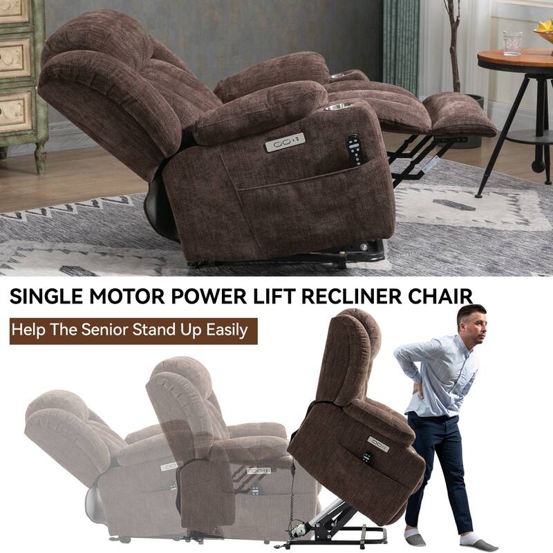 Roomfitters Heavy Duty Power Lift Recliner, Chenille Massage Chair with USB-C Charging and Stainless Cup Holders
