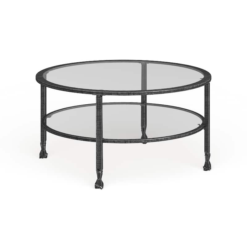 SEI Furniture Glenn Distressed Black Metal Round CoffeeTable with Glass Top and Shelf - Black - Glass