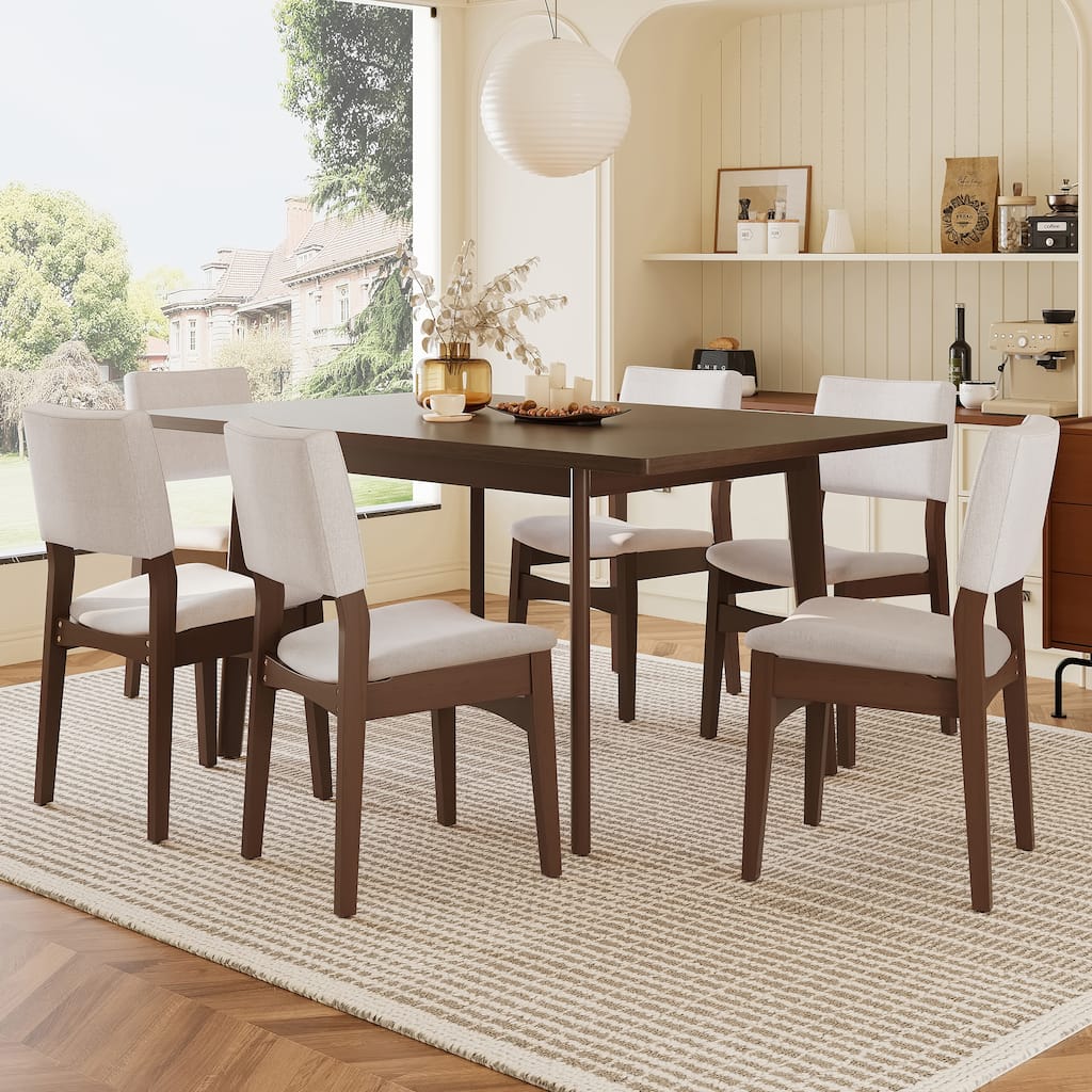 Rossetta 7-Piece Farmhouse Retro Dining Set with Rectangular Wooden Finish Table and Upholstered Linen Chairs