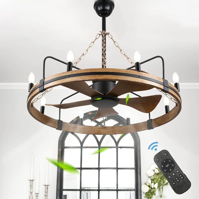 Cusp Barn 36 Inch Rustic Wagon Wheel Ceiling Fan with Light and Remote, Industrial 6 Speeds Fandelier Ceiling Fan for Bedroom