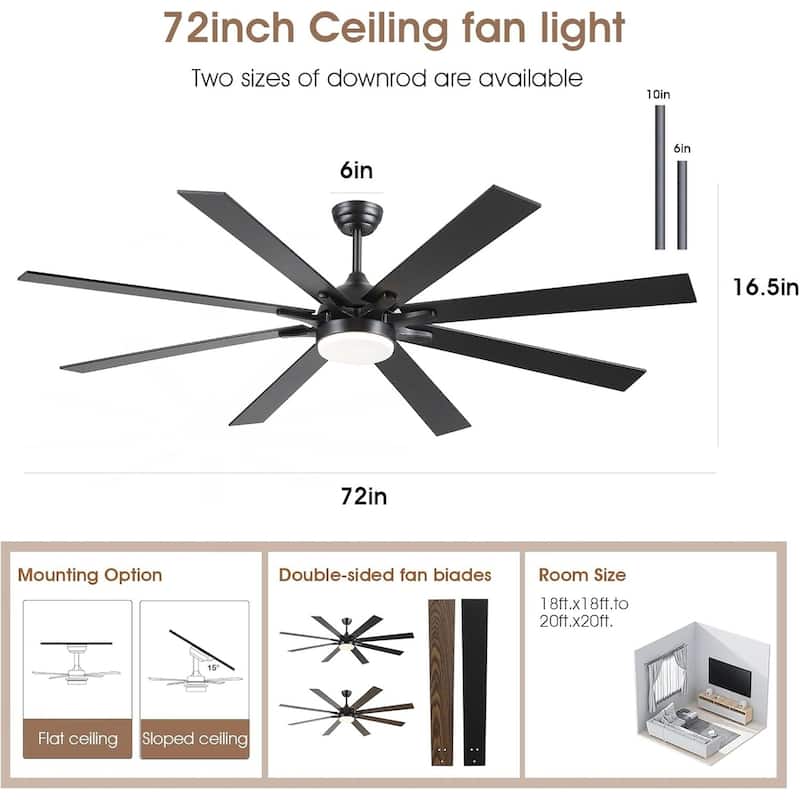 72 Inch Ceiling Fan with Light,Reversible DC Motor,6 Speed,3 Color Temperature LED - 72 Inches