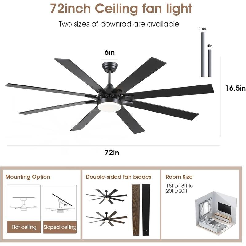 Kviflon 72 Inches 8 Blades Ceiling Fan with Light for indoor or Outdoor Patio Garage Large Living Room - 72 Inches