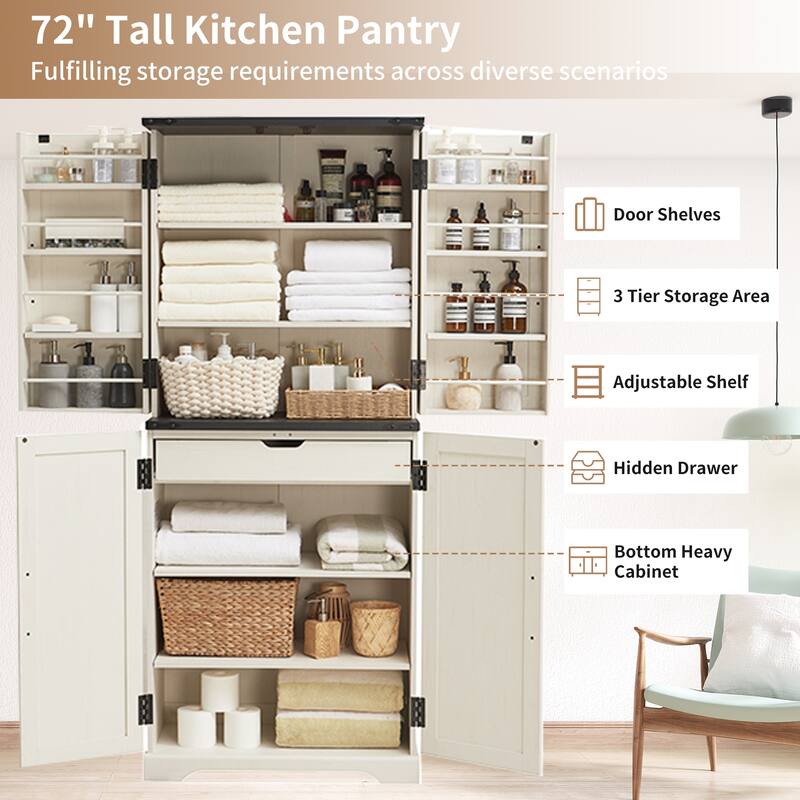 Farmhouse Wood Pantry Cabinet with Barn Doors, Adjustable Shelves