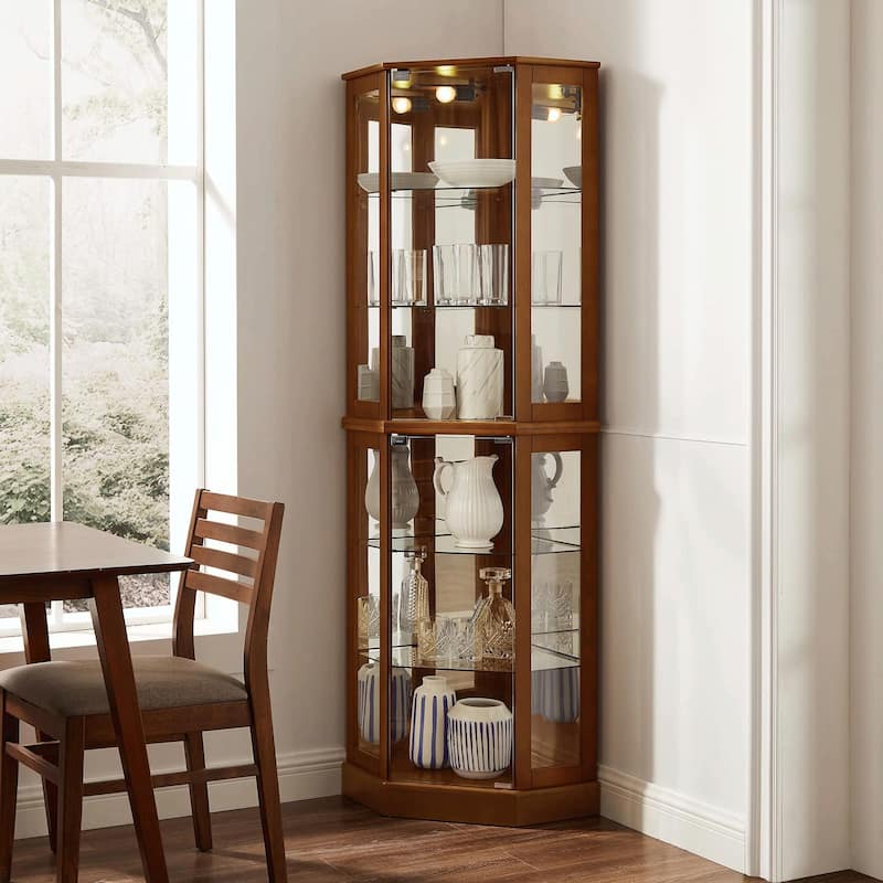 6-Shelf Corner Curio Display Cabinet with Lights, Mirrors, and Adjustable Shelves
