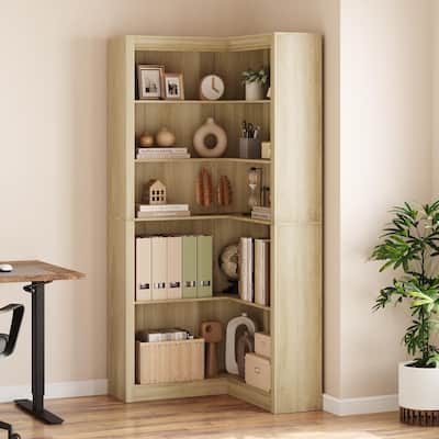 71.8" Tall Corner Bookshelf, 5-Tier L-Shaped Corner Bookcase, Modern Industrial Wood Display Storage Shelves for Living Room
