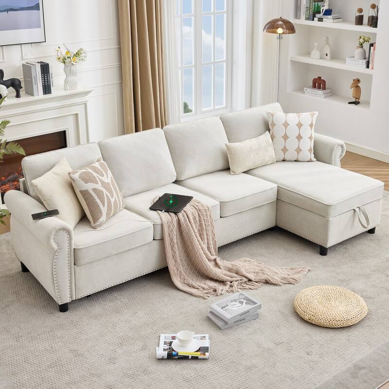 106.5" L-Shaped Flannelette Sectional Sofa with Pull-Out Bed